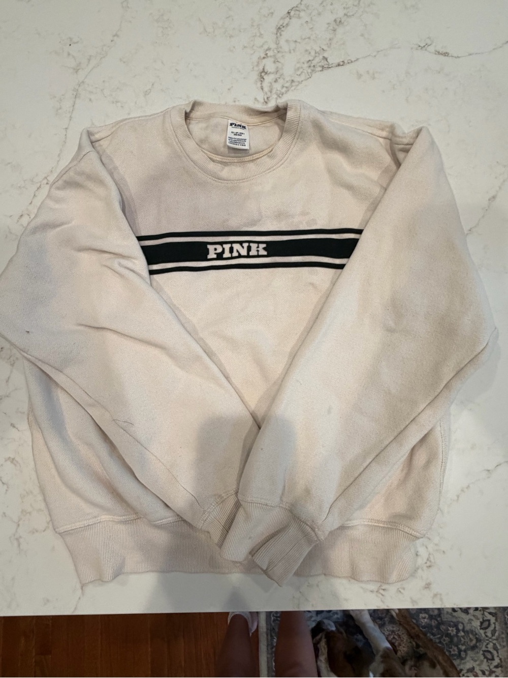 PINK Victoria's Secret V-Neck Sweatshirt in Cream with Black Stripe